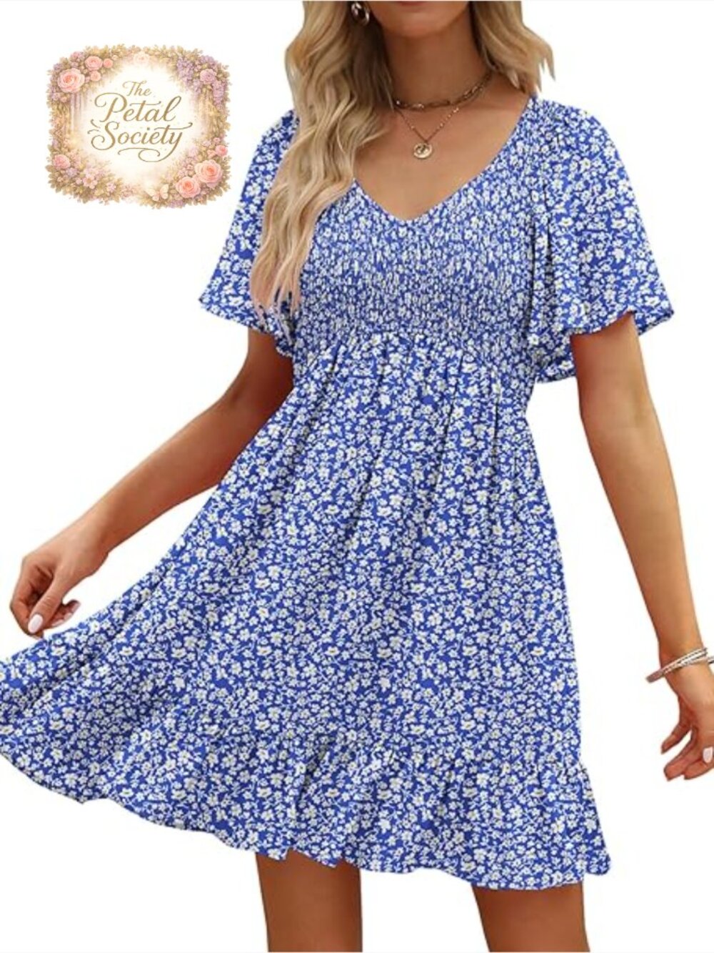 Floral Smocked V-Neck Flutter Sleeve Sundress with Pockets